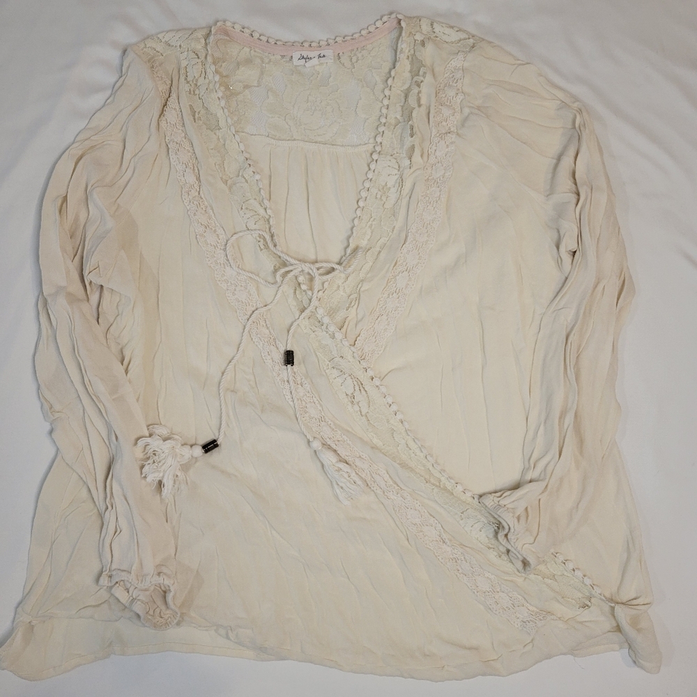 Elegant 2X Cream Lace Tie Front Blouse